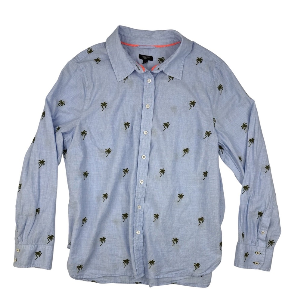 Talbots Large Coastal Tropical Button Down Cotton Palm Tree Embroidered